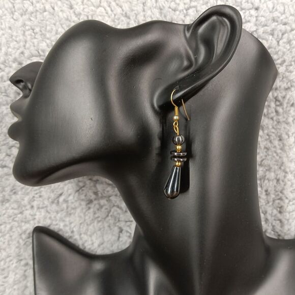 Handmade‎ Black Hematite Drop Earrings Brass Hooks Statement Dangle Jewelry - Picture 1 of 4